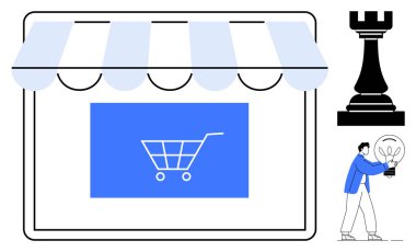 Mağaza vitrininin altında mavi bir alışveriş arabası ikonu, siyah satranç kalesi, elinde ampul tutan bir figür. E-ticaret, perakende satış, girişimcilik, yenilik, strateji, basit düz metafor markaları için idealdir.