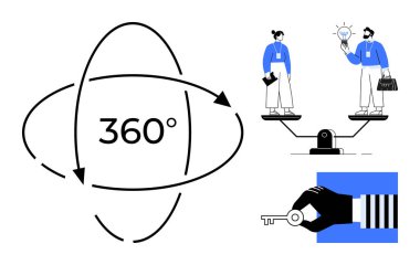360 derecelik sembol, dengeli ölçek, fikir alışverişi yapan profesyoneller, el ele tutuşmalar. Yenilik, takım çalışması, analiz, liderlik, fırsat büyüme kararı için ideal. Basit düz