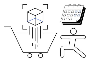 Küp, alışveriş arabasının üstünde tarandı, takvim, çeviklik veya hareket öneren kişi. E-ticaret, planlama, lojistik, otomasyon, iş akışı, takım çalışması için ideal basit düz metafor