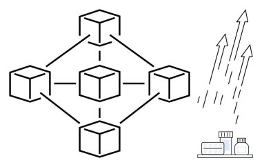 Engelleme ağını temsil eden bağlı küpler, büyümeyi ve ilerlemeyi sembolize eden yukarı oklar, sağlık hizmetleri için ilaç şişeleri, teknoloji, yenilik, sağlık hizmetleri, finans, veri, ilerleme için ideal