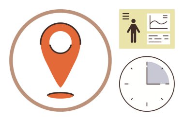 Konum lokasyon çember içinde, profil figürü ve grafiği ile bilgi ve saat renklendirme zamanı. Navigasyon, analitik, zamanlama, planlama, üretkenlik, proje yönetimi için ideal basit