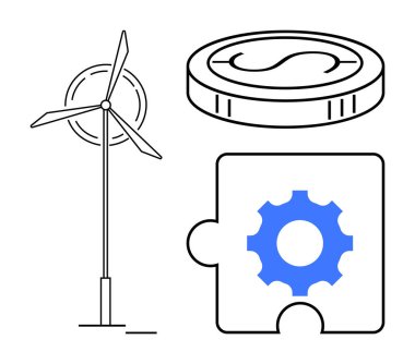Rüzgar türbini temiz enerji üretiyor, madeni başarıyı simgeleyen madeni para ve işbirliği için teçhizatlı yapboz parçası. Sürdürülebilirlik, yenilik, takım çalışması, büyüme, temiz enerji için ideal