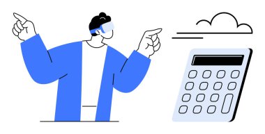 Sanal gerçeklik kulaklığı takan kişi bulut simgesi ve hesap makinesiyle dijital elementlere doğru hareket ediyor. Sanal etkileşim, yenilik, teknoloji, bulut hesaplama, finansal planlama için ideal