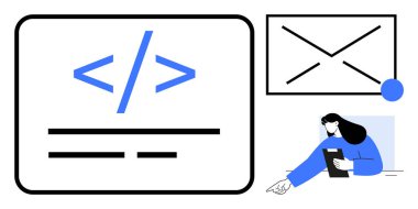 Kod kırpma sembolü, kablo çerçeveli mesaj tasarımı, tablet kullanıcısı. Kodlama, programlama, web tasarımı, kullanıcı arayüzü, SEO stratejisi, dijital geliştirme basit iniş sayfası için ideal