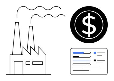 Duman yayan fabrika, finans ve ekonomiyi vurgulayan dolar işareti, veri analiz çizelgesi. İş, endüstri, ekonomi, çevresel etki, teknoloji yatırımlarını finanse etmek için idealdir. Basit düz