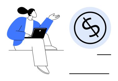 Dizüstü bilgisayarlı bir kadın dolar işaretine doğru hareket ediyor. Finans, yatırım, tasarruf, bütçe, mali planlama, ekonomi, dijital bankacılık için ideal. Basit düz metafor