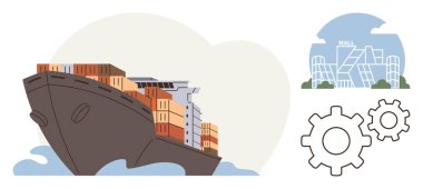 Kargo gemisi konteynırlarla dolu, modern alışveriş merkezi binası, mekanik vitesler çalışıyor. Ticaret, lojistik, nakliye, perakende satış ve küreselleşme mühendisliği süreci verimliliği için ideal. Basit düz