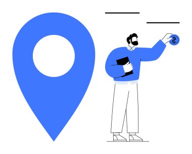 Elinde defter ve yanında büyük mavi lokasyon rozeti olan bir dolar tutan adam. Finans, navigasyon, tasarruf, bütçe, strateji, ekonomi, iş için ideal basit bir düz metafor