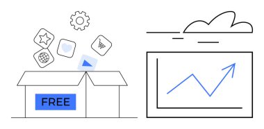 Uygulamalar, dişliler ve kalp için yüzen simgelerle etiketlenmiş açık kutu bulut altındaki büyüme grafiğinin yanında. Ekonomi, teknoloji, dijital eğilimler, pazar büyümesi, çevrimiçi araçlar, bulut işi için ideal