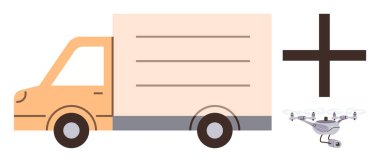 Teslimat kamyonu ve kuadkopter konsepti modern lojistik, dağıtım sistemleri ve akıllı teknolojide artı işareti vurguluyor. Lojistik, e-ticaret ve hızlı nakliye için ideal