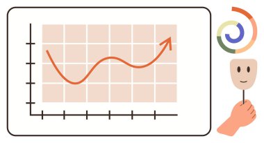 Bir el tarafından tutulan gülümseme maskesiyle yükselen eğilimi gösteren grafik, büyümeyi ve duygusal dengeyi sembolize ediyor. İş, analiz, başarı, pozitiflik, motivasyon, duygu ve takım çalışması için ideal. Basit.