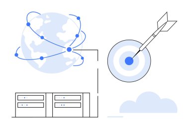 Veri sunucuları üzerinden ağ bağlantıları olan dünya, hedef tahtası ve bulut aksanı. Teknoloji, ağ oluşturma, dijital kesinlik, bulut hesaplama, küreselleşme, hedef belirleme verileri için ideal