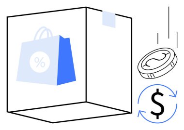 Şeffaf bir kutunun içinde indirim etiketli alışveriş torbası, bozuk para ve oklu dolar sembolü. Çevrimiçi alışveriş, indirim, e-ticaret, işlem, satış, pazarlama ve maliyet için ideal