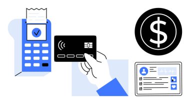 Ödeme terminalindeki el tıklatma kartı, makbuz işaretleri, dolar simgesi ve ekrandaki kimlik bilgileri. Finans, e-ticaret, teknoloji, ödeme güvenliği çevrimiçi bankacılık perakende işi için ideal. Basit.