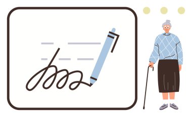 Elinde baston tutan yaşlı bir kadın bir kalemle imzalanan belgenin yanında. Anlaşma temaları, yaşlı bakımı, güven, yaşlanma, resmi süreçler, yasal evraklar ve bağımsızlık konularını vurguluyor. Basit düz