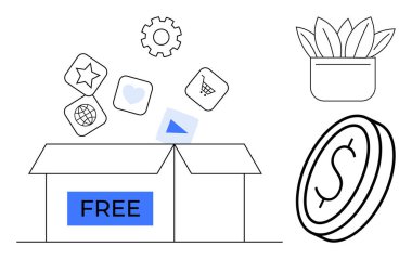 FREE etiketli açık kutu uygulama simgeleri, dişliler ve ok salıyor. Bozuk para, yakınlardaki saksı bitkisi. E-ticaret, uygulama geliştirme, teknoloji, serbest erişimli büyüme zihniyeti için idealdir