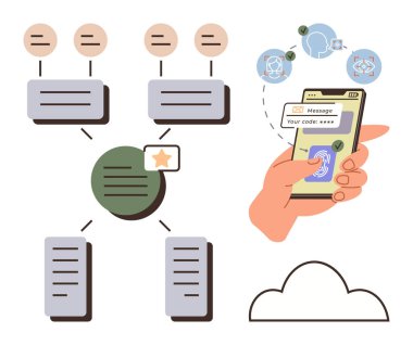 Güvenlik kodlu cep telefonu, parmak izi girişi, veri akışı şeması, bulut deposu. Siber güvenlik, veri koruması, güvenli giriş, mobil teknoloji, bulut bilgisayarı, kullanıcı kimlik denetimi için ideal