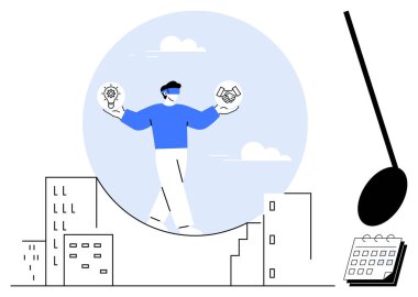 Ampul ve tokalaşma ikonları tutan ip cambazlığı, yenilik ve işbirliğini simgeliyor. Minimalist şehir manzarası, takvim ve sarkacın görüntüsü. Karar verme ve risk yönetimi için ideal