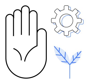 Açık bir el, bir dişli ve filizlenen bir yaprak uyum, işbirliği, sürdürülebilirlik, yenilik, ekolojik dostluk, ilerleme ve etik uygulamaları temsil eder. Çevresel denge için ideal