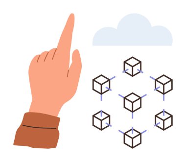 Birbirine bağlı küplerden oluşan bir zincirin üstündeki bulutu işaret eden el işaretleri. Engelleme zinciri, teknoloji, güvenlik, yenilik, bulut hesaplama, veri depolama, dijital işbirliği için ideal. Basit düz