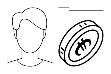 Şifreli para tasarımı olan dönen bir madeni paranın yanında yüzü olmayan birinin basit bir taslağı. Kimlik için ideal, dijital ekonomi, yenilik, engelleme zinciri, finans, teknoloji, güvenlik. Basit düz