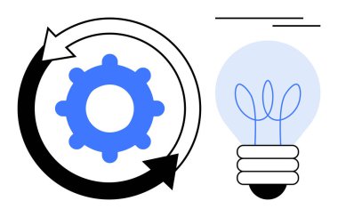 Dairesel oklar içindeki mavi dişli ve ampul çizimi fikirleri, verimliliği ve yaratıcılığı sembolize ediyor. Yenilik, büyüme, sürdürülebilirlik, iş akışı, takım çalışması, beyin fırtınası için ideal
