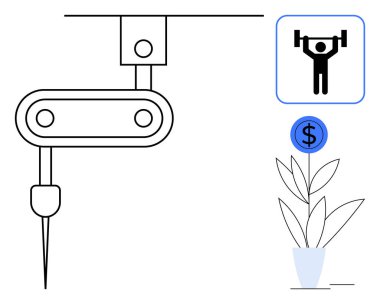 Hassas iğneli robot kol, bitkinin tepesinde dolar işareti ve ağırlık kaldırma ikonu. Teknoloji, otomasyon, büyüme, uygunluk, yenilik hassasiyeti ve sürdürülebilirlik için idealdir. Basit düz metafor