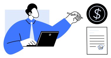 Masadaki adam dizüstü bilgisayarda çalışıyor, elinde kalem, imzaya hazır belge, yanında dolar simgesi var. İş, sözleşme, finans, analiz anlaşması yönetim yatırımı için ideal. Basit düz metafor