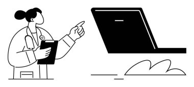 Doktor panoyu tutuyor, dizüstü bilgisayarı gösteriyor, bilgiyi inceliyor. Sağlık, teknoloji, iş akışı, tıbbi araştırma, yenilikçi teletıp tanıları için ideal. Basit bir daire.