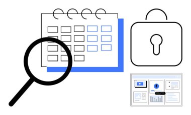 Takvimi inceleyen büyüteç, güvenlik sembolü ve web sayfası arayüzü. Programlama, güvenlik, veri analizi, planlama, organizasyon teknolojisi ve mahremiyet için ideal. Basit düz