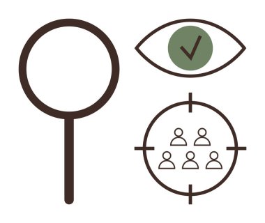 Büyüteç, işaretli göz, ve grup simgeli hedef, inceleme, doğrulama ve hedef alma olduğunu gösteriyor. Analiz için ideal, işe alım, odaklanma, soruşturma hassasiyeti stratejisi basit düz