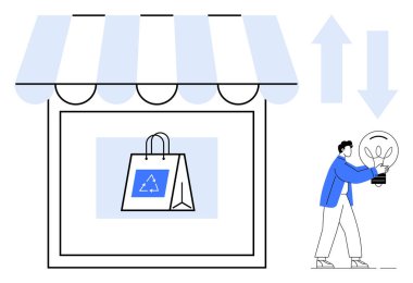 Mağaza tepe örtüsünün altında geri dönüşüm tabelası olan bir alışveriş çantası. Elinde ampul tutan kişi. Sürdürülebilirlik, çevre, geri dönüşüm, eko-ticaret, yeşil enerji, eko-alışveriş yeniliği için idealdir. Basit düz