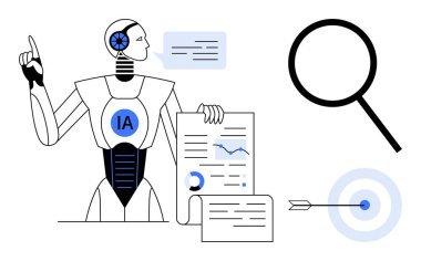 Yapay zeka robotu veri belgeleri, konuşma balonu ve grafikleri, büyüteç, oklu hedef. Teknoloji, araştırma, yenilik, doğruluk veri analizi için idealdir. Düz