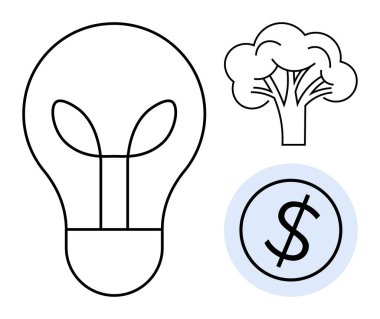 Çemberde yaprakları, ağaçları ve dolar işaretli ampul çevre dostu fikirler olduğunu gösteriyor. Sürdürülebilirlik, yeşil ekonomi, yenilik, doğa, verimlilik, büyüme ve yenilenebilir enerji için ideal