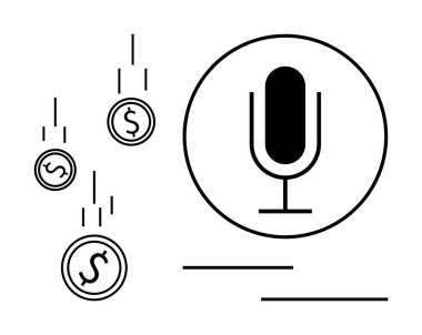 Çemberin içindeki mikrofon, dolar işaretleriyle düşen paralar. Podcasting, monetizasyon, finans, dijital içerik oluşturma, medya, gelir üretimi ve basit bir iniş sayfası için ideal