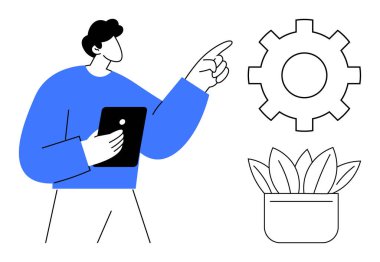 Tablet tutan minimalist figür, vitese bakıyor, dekoratif saksının yanında. Yenilik, yaratıcılık, teknoloji, büyüme, gelişme ekip çalışması verimliliği için idealdir. Basit düz metafor