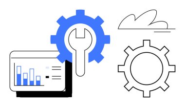 Onarım için vites ve anahtar, veri için analitik gösterge paneli ve bilgisayar için bulut. Bakım, optimizasyon, bulut teknolojisi, veri yönetimi, mühendislik, otomasyon için ideal