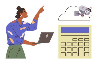 Elinde dizüstü bilgisayarı olan bir kadın bulut ve güvenlik kamerasıyla ekranı gösteriyor. Teknoloji, güvenlik, yönetim, bulut depolama, uzaktan çalışma, veri izleme, basit düz metafor