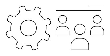 Takım çalışmasını, işbirliğini, otomasyonu, grup çalışmasını, ağı, liderliği, sistem optimizasyonunu sembolize eden üç insan figürünün yanında dişli simgesi. Teknoloji yönetimi ve operasyonlar için ideal. A