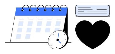 Spiral takvim, saat, kalp sembolü ve defter zaman yönetimi, planlama, programlama, sağlık, kişisel gelişim ve yaşam dengesini çağrıştırıyor. Üretkenlik rutinleri için ideal basit düz