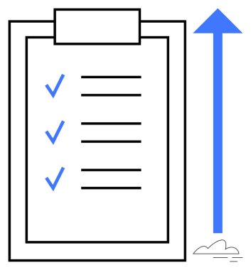 Kontrol listesi ve mavi işaretli pano, ilerlemeyi, büyümeyi, hedef başarısını vurgulayan yukarı doğru ok. Üretkenlik, organizasyon, planlama, kilometre taşları için ideal, odaklanma stratejisi basit düz