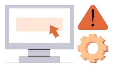 İmleç, uyarı üçgeni ve alarm, hata, ayar ve güncellemeleri sembolize eden dişli bilgisayar ekranı. Teknoloji, bilişim kılavuzu, iş akışı uyarısı ve konfigürasyonları için ideal. Basit.