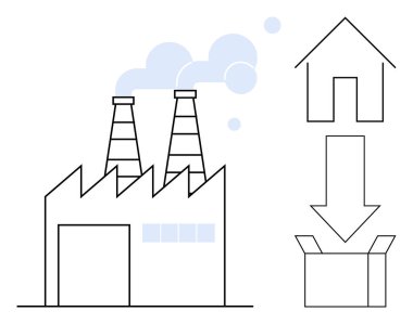Bacaları duman çıkaran, evi ve kutuyu birleştiren okları olan bir fabrika. İkmal zinciri, e-ticaret, imalat, lojistik, sürdürülebilirlik ve ev teslimatı için ideal. Basit düz