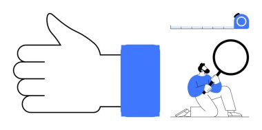 Onay olarak büyük baş parmak işareti, büyüteç kullanan kişi ve doğruluk için bant. Doğrulama, analiz, kalite, ölçüm, performans değerlendirmesi ve kesinlik üzerine araştırma için ideal