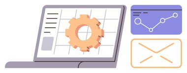 Izgara düzeninde dişli simgesi olan dizüstü bilgisayar ekranı, bir veri tablosu ve e-posta zarfı. Üretkenlik, iş akışı, dijital çözümler, takım çalışması, analitik, iletişim için ideal basit düz metafor