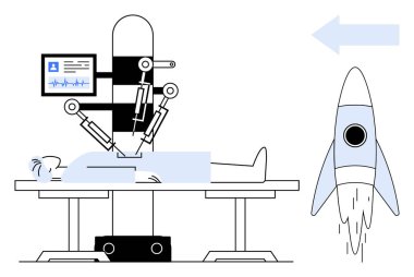 Doktor ve hasta ileri robotik cerrahi sistemi kullanıyorlar. Roket de ileri teknolojiyi sembolize ediyor. Sağlık, uzay teknolojisi, yenilik, ilerleme, robotik, bilim, modern için ideal