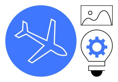 Mavi daireli bir uçak, ampulün içinde teçhizat ve en küçük manzara çerçevesi. Yenilikçilik, yaratıcılık, seyahat, teknoloji, tasarım enerjisi, eğitim temaları için idealdir. Basit düz metafor