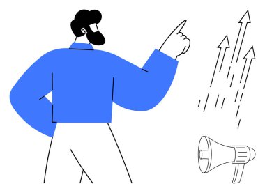 Bir kişi, başarıyı, büyümeyi ve liderliği sembolize ederek, yukarı bakan oklara karşı otoriter bir şekilde hareket eder. Megafon iletişimi, takım çalışmasını, motivasyonu, fikir paylaşımını ve ticareti gösterir.