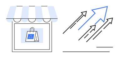Vitrindeki çevre dostu alışveriş çantası büyümeyi sembolize eden yükselen oklarla eşleştirilmiş. Sürdürülebilirlik, e-ticaret, geri dönüşüm, perakende başarı, iş stratejisi, kalkınma için ideal