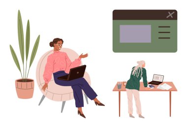 İşbirliği yapan iki kadın dizüstü bilgisayarla oturuyor, diğeri de masa başında kağıtları gözden geçiriyor. Ekran penceresi örtüsü dijital bir tema ekler. Takım çalışması, eğitim, iletişim, üretkenlik ve teknoloji için ideal